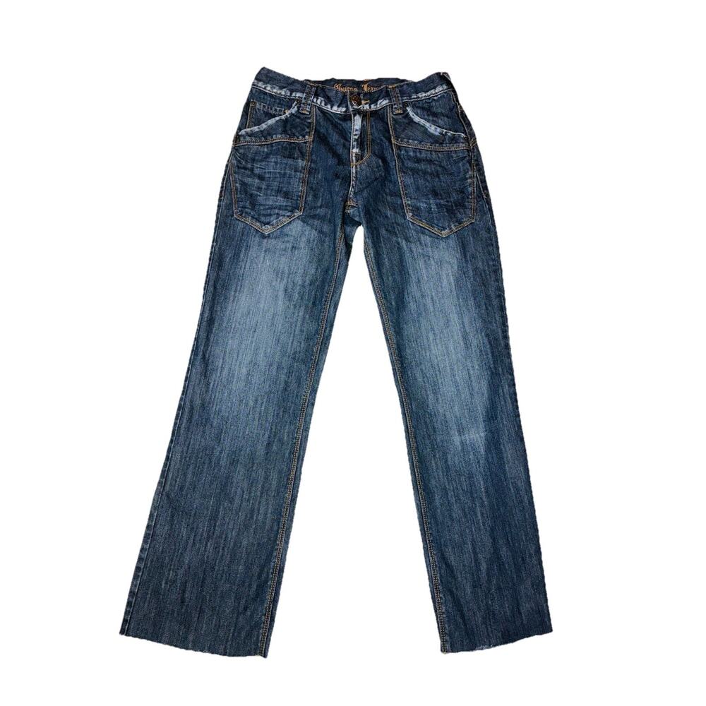 Y2K Guess Jeans Womens 30 Gothic Script Crest Distressed Straight Leg Raw Hem